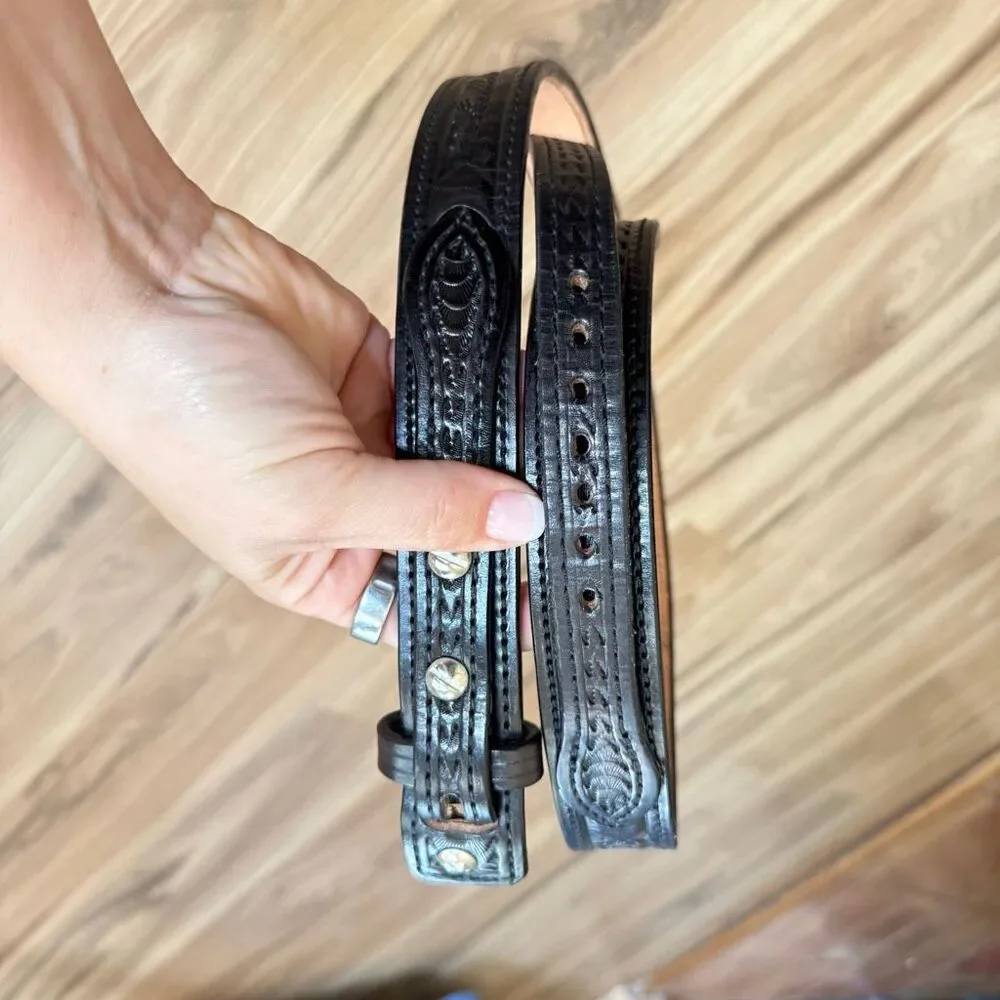 L. Whitley B. Daniels Mens Black Custom Made Leather Tooled Western Belt Size 35